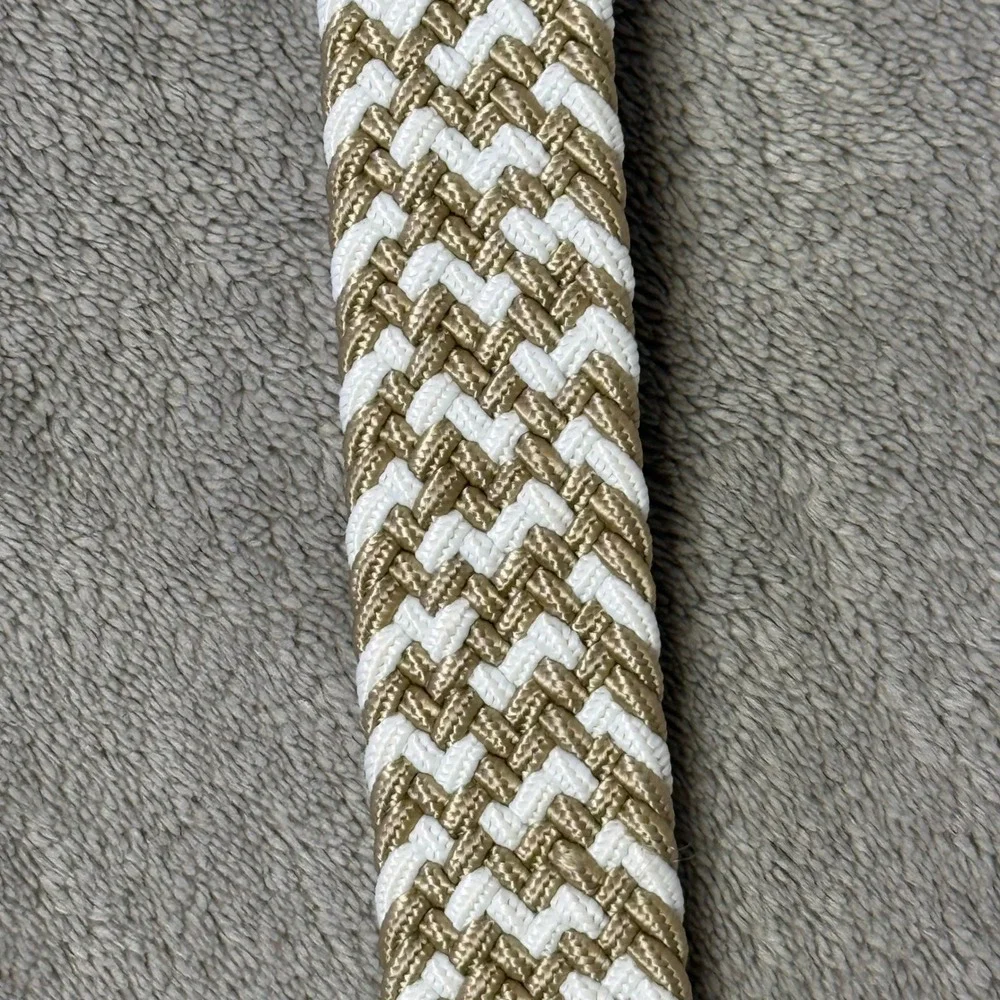 Braided Woven Belt Unisex Adult Size L XL Tan White Chevron Gold Buckle Nautical